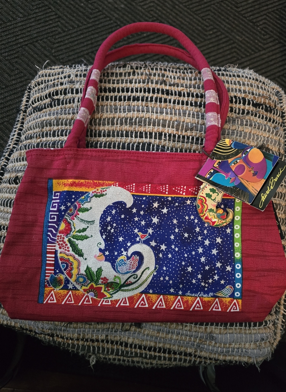 Laurel Burch Red Canvas Tote Bag with Colorful Starry Panel And Top Zipper